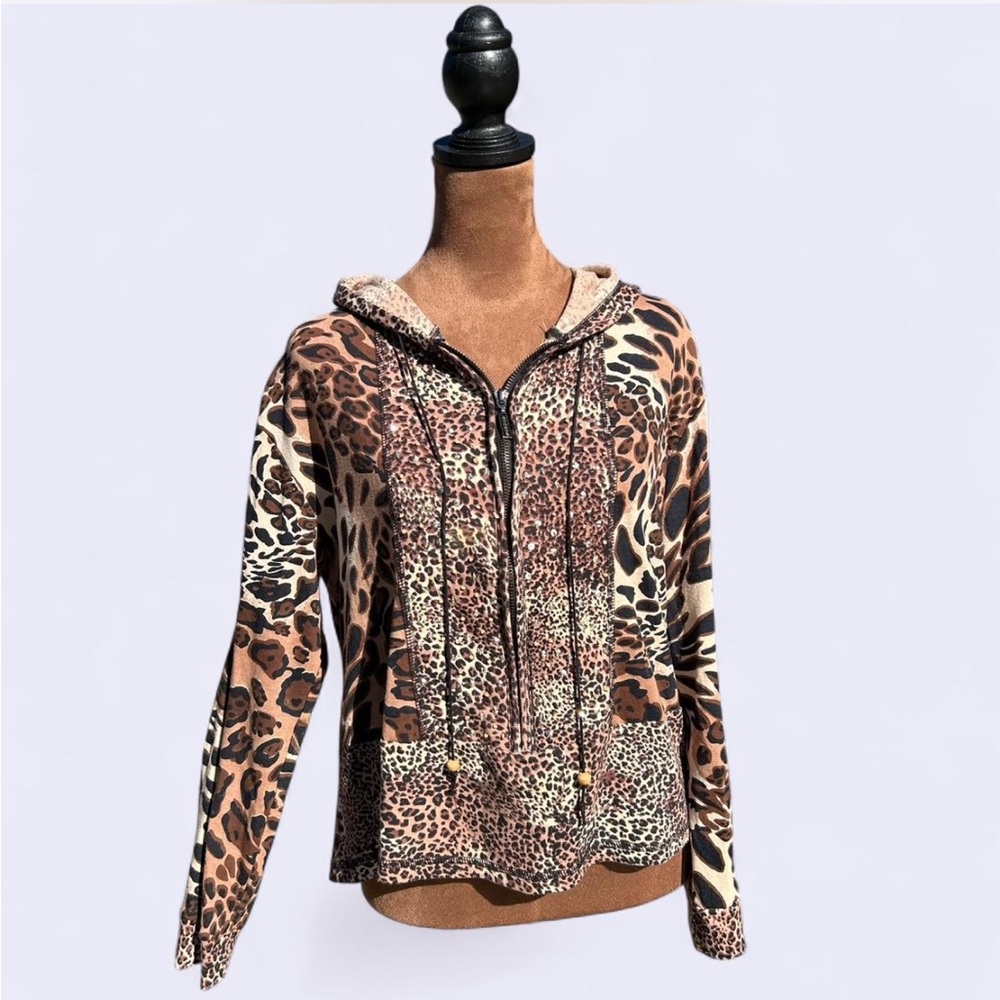 Emma G leopard print 3/4 zip hoodie with drawstrings & subtle bling
